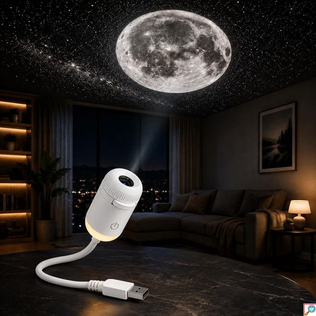 Galaxy Projector LED 2 σε 1 - Προβολή Σελήνης & Φωτιστικό Νυκτός USB με Περιστροφή 360° - Ατμοσφαιρικός Φωτισμός για Χαλάρωση & Διακόσμηση