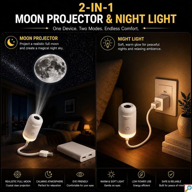 Galaxy Projector LED 2 σε 1 - Προβολή Σελήνης & Φωτιστικό Νυκτός USB με Περιστροφή 360° - Ατμοσφαιρικός Φωτισμός για Χαλάρωση & Διακόσμηση