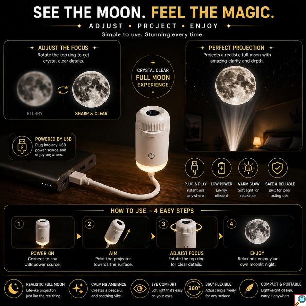Galaxy Projector LED 2 σε 1 - Προβολή Σελήνης & Φωτιστικό Νυκτός USB με Περιστροφή 360° - Ατμοσφαιρικός Φωτισμός για Χαλάρωση & Διακόσμηση