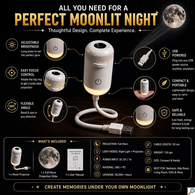 Galaxy Projector LED 2 σε 1 - Προβολή Σελήνης & Φωτιστικό Νυκτός USB με Περιστροφή 360° - Ατμοσφαιρικός Φωτισμός για Χαλάρωση & Διακόσμηση