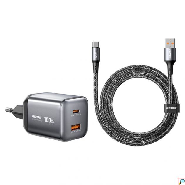 Φορτιστής GaN 100W Remax – Διπλή Θύρα USB-C και USB-A - Ταχεία Φόρτιση, Συμπαγής, Περιλαμβάνει Καλώδιο