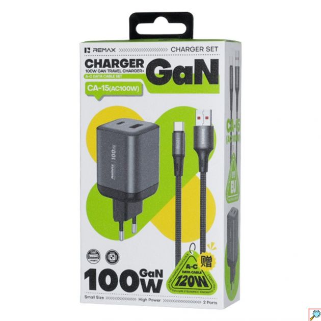 Φορτιστής GaN 100W Remax – Διπλή Θύρα USB-C και USB-A - Ταχεία Φόρτιση, Συμπαγής, Περιλαμβάνει Καλώδιο