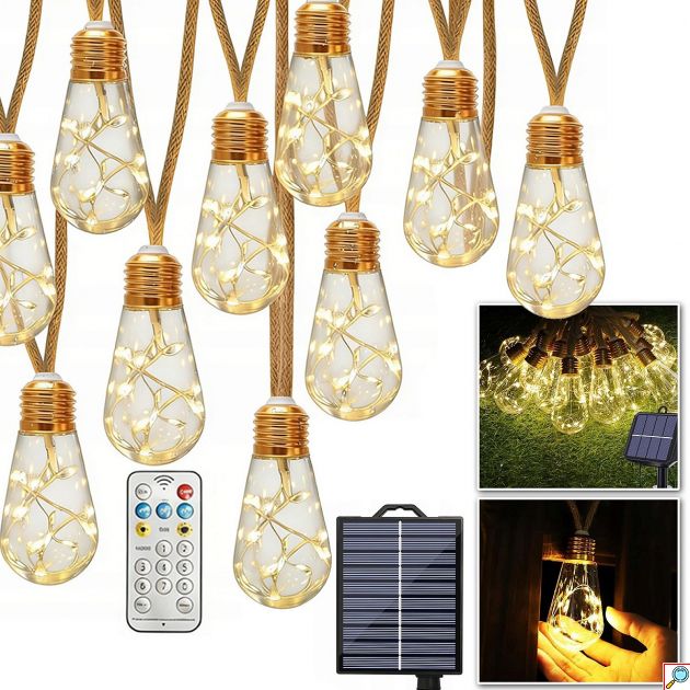 Ηλιακή Γιρλάντα LED 7,8m με 16 Λαμπάκια - Ζεστός εξωτερικός φωτισμός - Τηλεχειριστήριο, 8 λειτουργίες, IP65