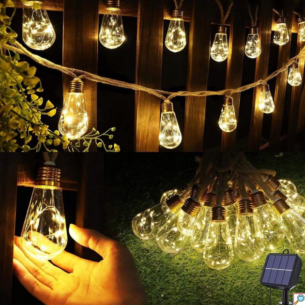 Ηλιακή Γιρλάντα LED 7,8m με 16 Λαμπάκια - Ζεστός εξωτερικός φωτισμός - Τηλεχειριστήριο, 8 λειτουργίες, IP65
