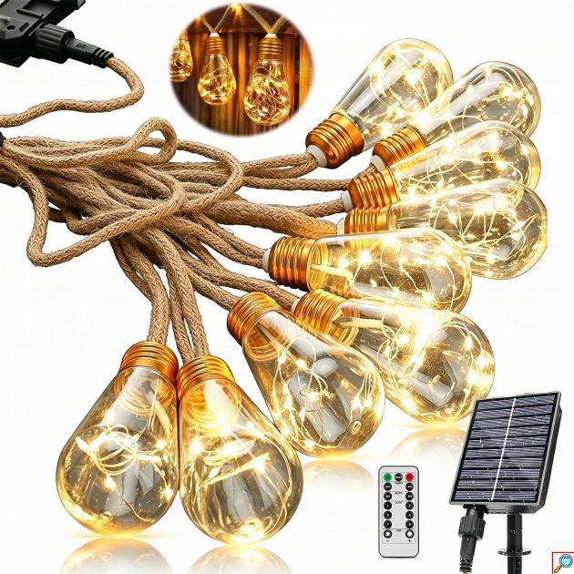 Ηλιακή Γιρλάντα LED 7,8m με 16 Λαμπάκια - Ζεστός εξωτερικός φωτισμός - Τηλεχειριστήριο, 8 λειτουργίες, IP65