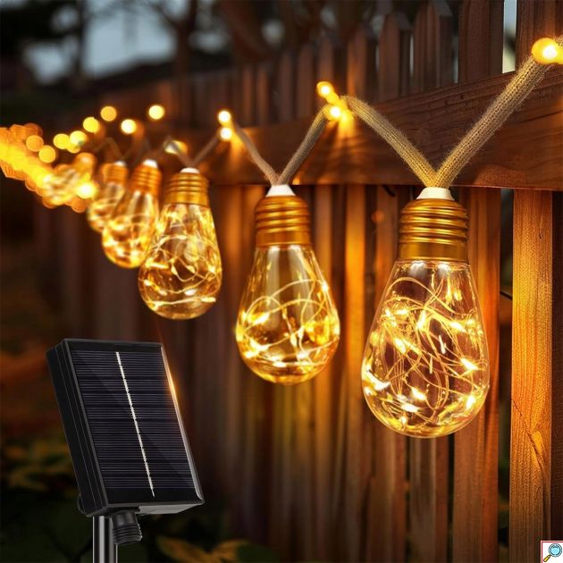 Ηλιακή Γιρλάντα LED 7,8m με 16 Λαμπάκια - Ζεστός εξωτερικός φωτισμός - Τηλεχειριστήριο, 8 λειτουργίες, IP65