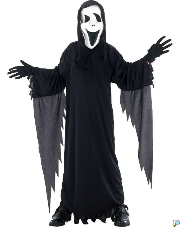 Στολή Halloween Εφηβική Χάρος, Μαύρο Φόρεμα με Κουκούλα και Λευκή Μάσκα Τρόμου, Σκισμένα Μανίκια