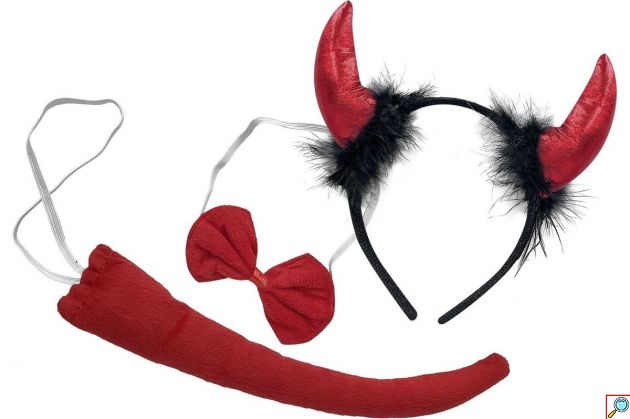 Σετ Αξεσουάρ Διαβολάκι Halloween 3 Τεμαχίων, Στέκα με Κόκκινα Κέρατα και Μαύρα Φτερά, Παπιγιόν και Ουρά