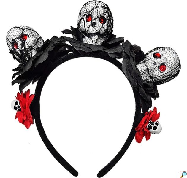 Στέκα Halloween Day of Dead 18x18cm με Τρία Κρανία με Μαύρο Δίχτυ, Μαύρα και Κόκκινα Λουλούδια