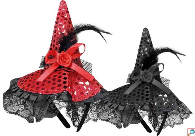 Στέκα Halloween Καπέλο Μάγισσας με Πούλιες, Φτερό, Φιόγκο και Δαντέλα, Κόκκινη ή Μαύρη, 26x20cm