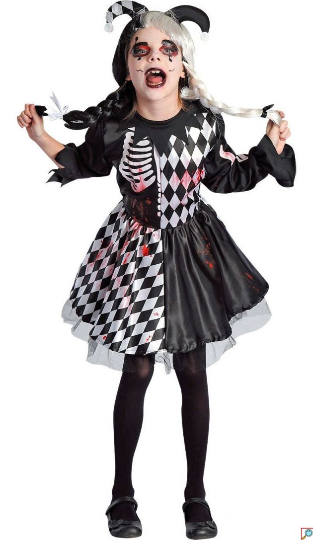 Στολή Halloween Παιδική Κακός Αρλεκίνος, Φόρεμα Ασπρόμαυρο Καρό με Σκελετό και Αξεσουάρ Κεφαλής για Κορίτσι