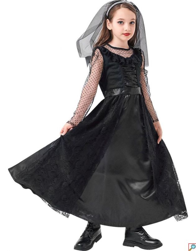 Στολή Halloween Παιδική Μαυροφορεμένο Κορίτσι, Μαύρο Φόρεμα με Διάφανα Μανίκια και Αξεσουάρ Κεφαλής με Πέπλο