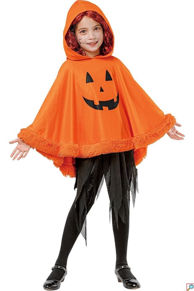Στολή Halloween Παιδική Πόντσο Κολοκύθα με Κουκούλα, Πορτοκαλί με Χαρούμενο Πρόσωπο Jack o Lantern