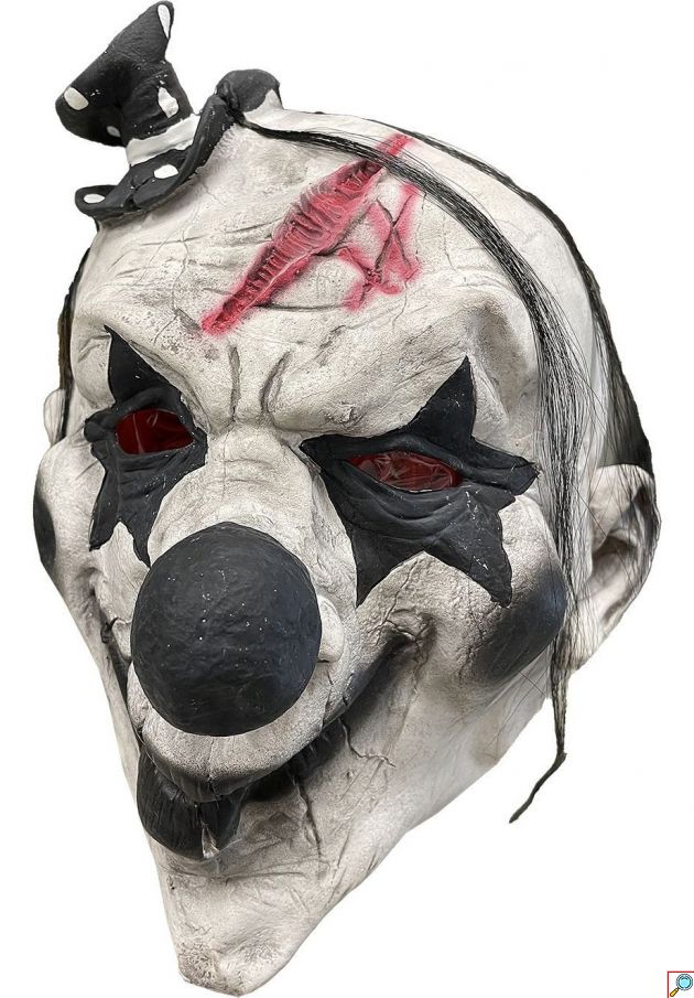 Μάσκα Τρόμου Latex Halloween Τρομαχτικός Κλόουν Ασπρόμαυρος με Κόκκινη Ουλή, Μαύρα Μαλλιά και Καπελάκι, Ολοκέφαλη