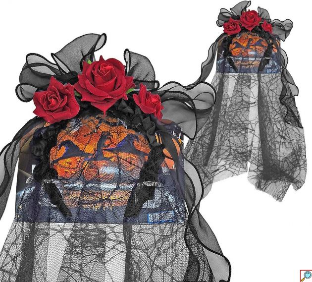 Στέκα Halloween Day of the Dead με Κόκκινα Τριαντάφυλλα, Μαύρο Τούλι και Μαύρο Πέπλο Δαντέλα με Αράχνες