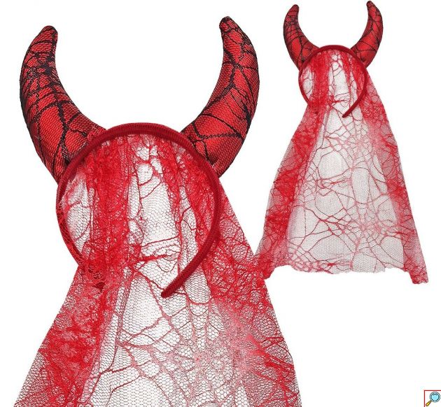 Στέκα Halloween Devil με Κόκκινα Κέρατα και Κόκκινο Πέπλο με Σχέδιο Ιστού Αράχνης για Μεταμφίεση