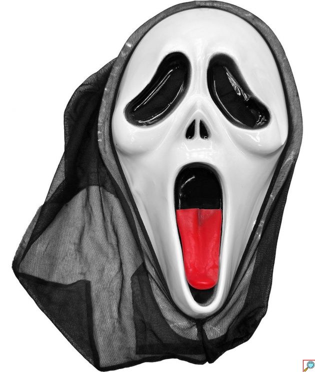 Μάσκα Φάντασμα Scream Halloween με Κόκκινη Γλώσσα και Μαύρη Κουκούλα, Πλαστική Μάσκα Τρόμου 32x20cm
