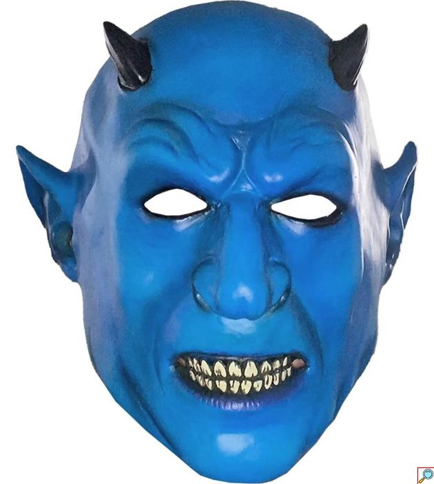 Μάσκα Τρόμου Halloween Latex Μπλε Δαίμονας με Μαύρα Κέρατα και Μυτερά Αυτιά, Μάσκα Μεταμφίεσης
