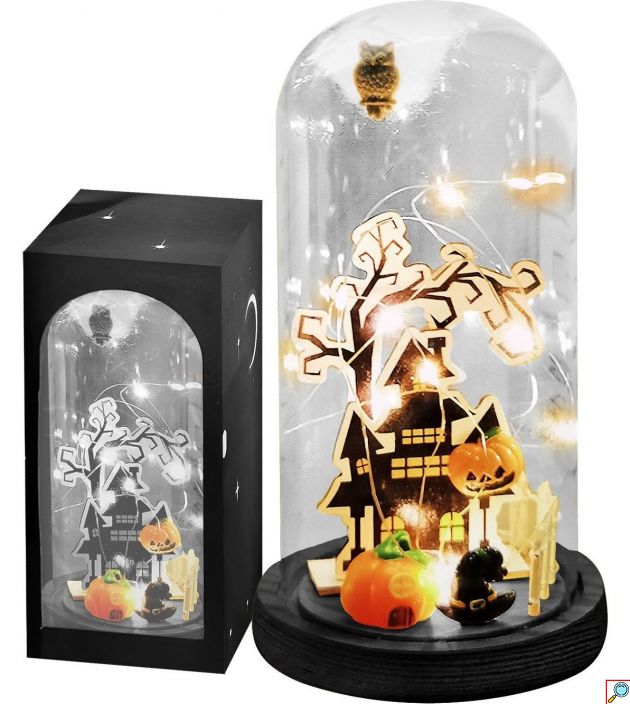 Διακοσμητική Γυάλα Halloween με 20 LED Φωτάκια, Στοιχειωμένο Σπίτι, Κολοκύθες και Κουκουβάγια, 22x11cm