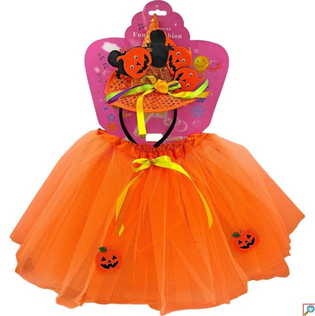 Σετ Αμφίεσης Halloween Κολοκύθες 2 τεμάχια, Πορτοκαλί Τούλινη Φούστα και Στέκα Καπέλο Μάγισσας με Κολοκύθες