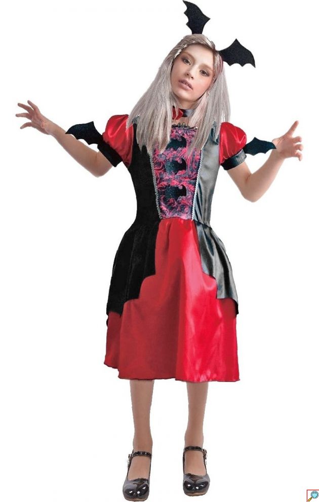 Στολή Halloween Παιδική Βαμπιρίνα με Κόκκινο και Μαύρο Φόρεμα, Τσόκερ και Αξεσουάρ Κεφαλής με Νυχτερίδες, Κοριτσίστικη Μεταμφίεση