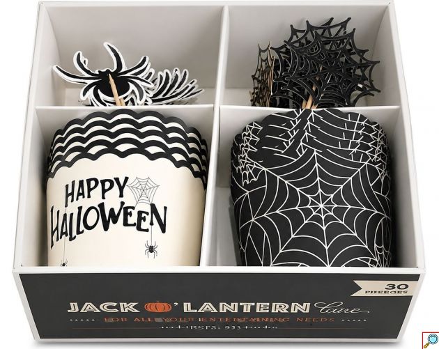 Σετ Cup Cake Halloween με 10 Φορμάκια και 20 Διακοσμητικές Οδοντογλυφίδες, Αράχνες και Ιστοί, 16x15x8cm