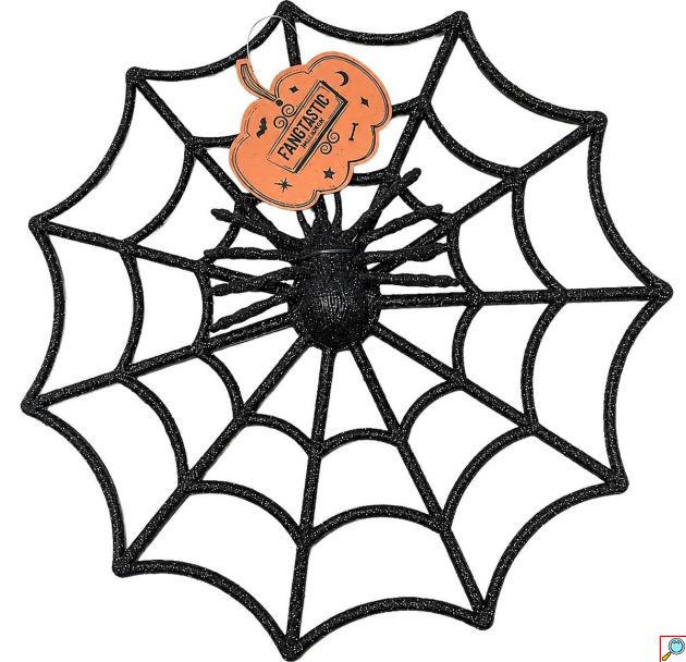 Διακοσμητική Αράχνη Halloween Μαύρη με Ιστό και Γκλίτερ, Κρεμαστή Διακόσμηση Τοίχου και Πόρτας, 28,5cm