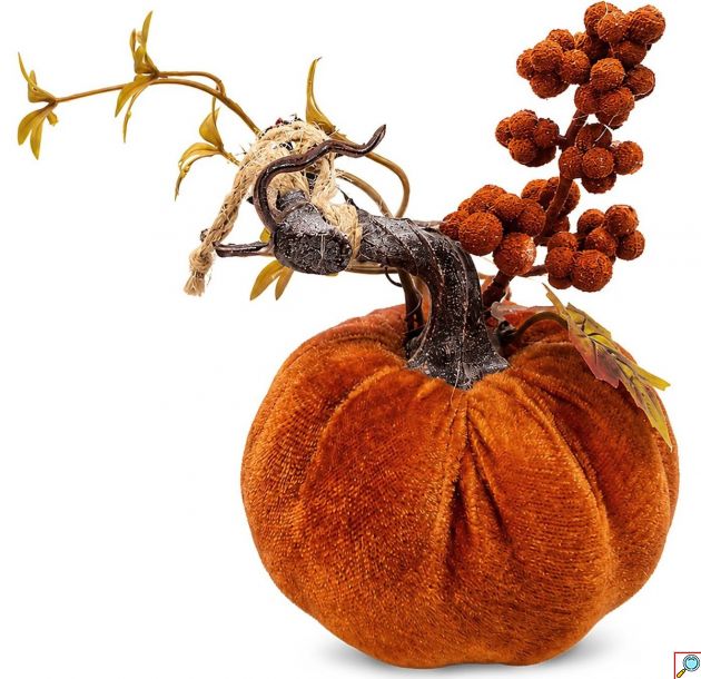 Διακοσμητική Κολοκύθα Halloween Πορτοκαλί Βελούδινης Όψης με Κλαδί Μούρων και Φύλλα, 15x11cm