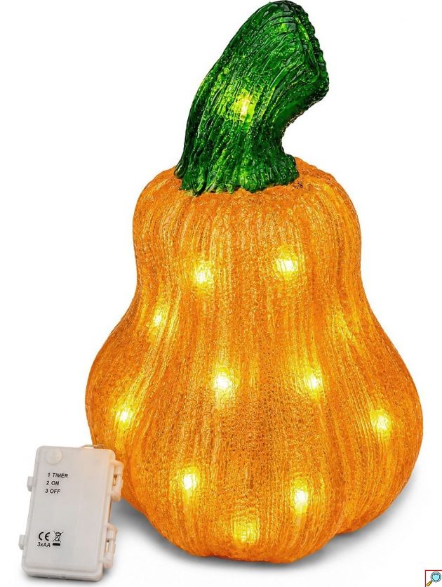 Διακοσμητική Κολοκύθα Halloween Ακρυλική με LED, Μπαταρίας, 35x22cm, Πορτοκαλί με Πράσινο Κοτσάνι