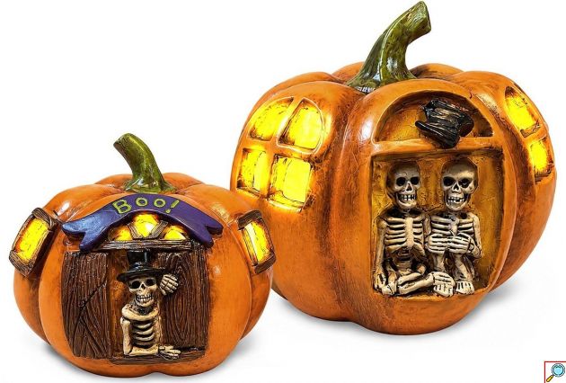 Σετ 2 Διακοσμητικές Κολοκύθες Halloween Polyresin με Φως και Σκελετούς, 2 Διαφορετικές Παραστάσεις, διάμετρος 15x12cm