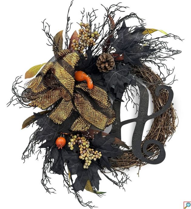 Στεφάνι Halloween Διακοσμητικό με Μαύρα Φύλλα, Κλαδιά, Χρυσή Κορδέλα, Κουκουνάρι και Ξύλινο Γράμμα H για την Πόρτα