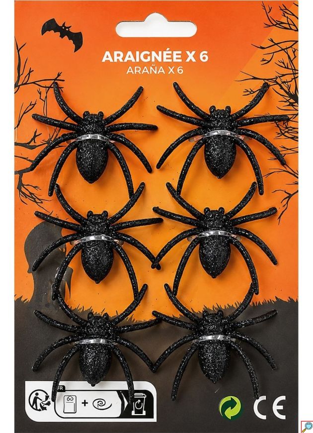 Σετ 6 Αράχνες Halloween Μαύρες με Γκλίτερ, Διακοσμητικές Αράχνες Τρόμου για Στολισμό, σε Κάρτα 20x13cm