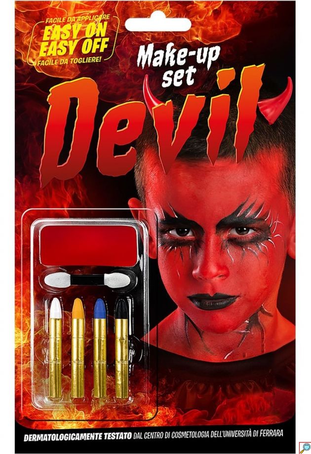 Σετ Βαφής Προσώπου Devil Halloween με Κόκκινο Μακιγιάζ, Σφουγγαράκι και 4 Μολύβια Βαφής, Αποκριάτικο Μακιγιάζ