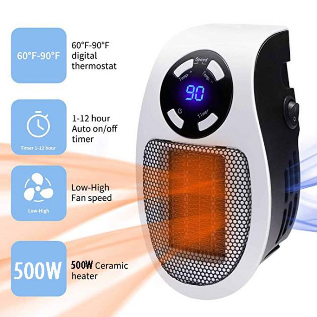 Μίνι Σόμπα Πρίζας - Αερόθερμο 500Watt με Τηλεχειριστήριο, Θερμοστάτη, Χρονοδιακόπτη, Ρυθμιζόμενη Πρίζα & Οθόνη οικονομική