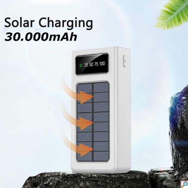 Ηλιακό Powerbank 30000mAh με Ενσωματωμένα Καλώδια Φόρτισης, Θύρα Micro USB και Ενσωματωμένο Φακό Treqa TR-957 Λευκό