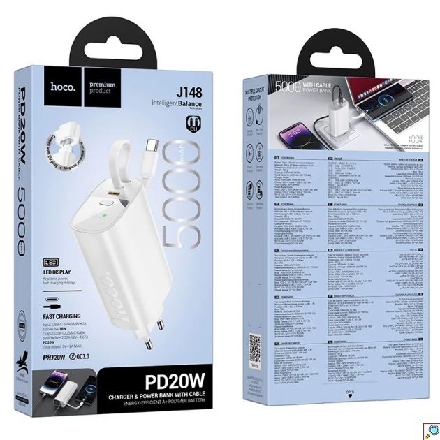 Hoco Power Bank 5000mAh – Φορτιστής και Powerbank με USB-C Καλώδιο, PD 20W, LED Display, Ταχυφόρτιση