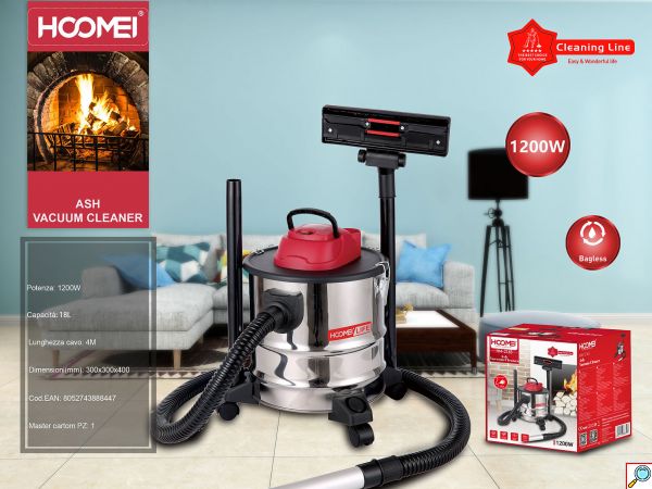 Hoomei Τροχήλατη Σκούπα 1200W Ιδανική για Στάχτη με Ανοιξείδωτο Κάδο 18L & Φίλτρο HEPA