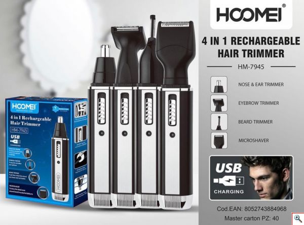 Hoomei® Επαναφορτιζόμενη Μηχανή Τρίμμερ Προσώπου με 4 Διαφορετικές Κεφαλές 4 σε 1 - Hair Trimmer HM-7945