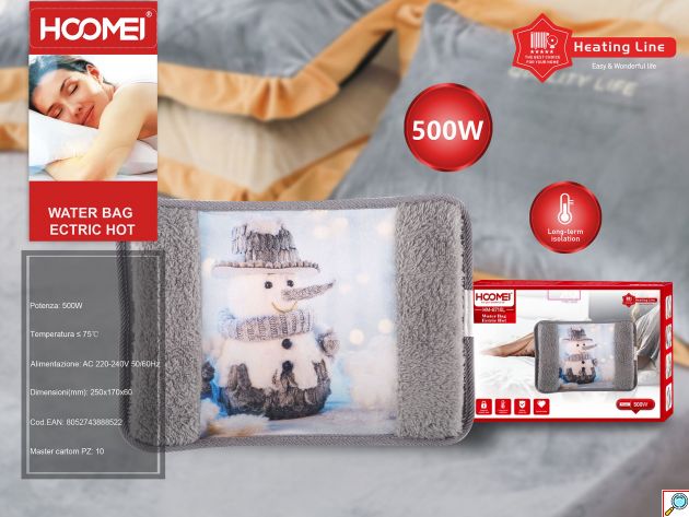 Hoomei Ηλεκτρική Θερμοφόρα - Μαξιλάρι 500W με Θήκη για τα Χέρια Γενικής Χρήσης 25x17x6cm Γκρι με Χιονάνθρωπο