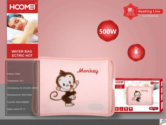 Hoomei Ηλεκτρική Θερμοφόρα - Μαξιλάρι 500W με Θήκη για τα Χέρια Γενικής Χρήσης 25x17x6cm Ροζ με Σχέδιο Μαϊμουδάκι