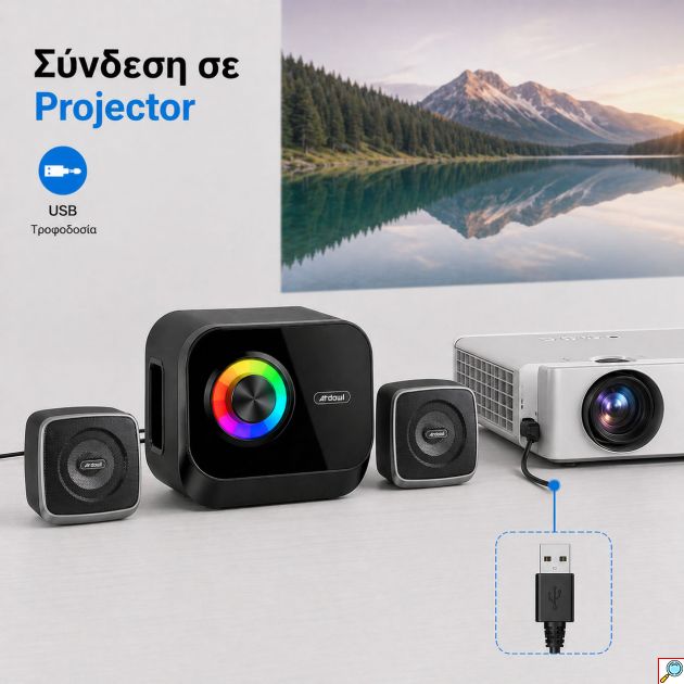 Ηχεία Stereo για PC, Laptop, Projector και Κινητό με RGB Φωτισμό Andowl