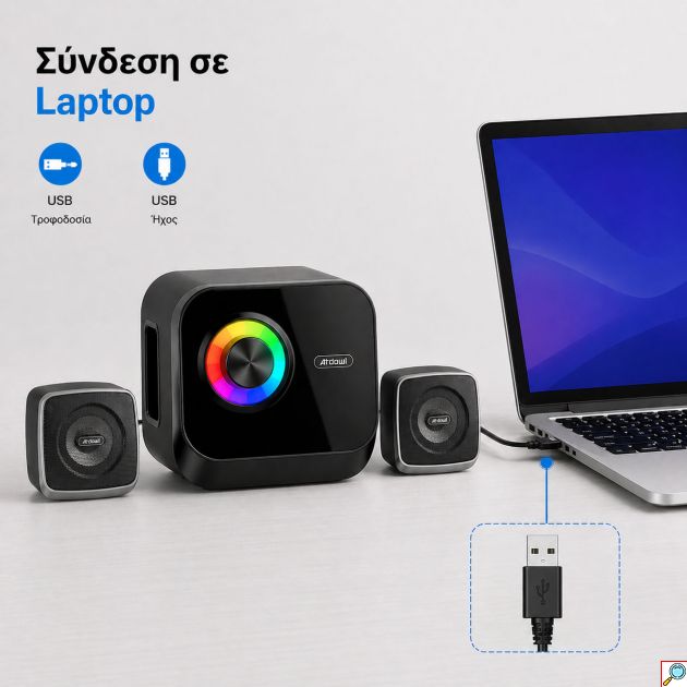 Ηχεία Stereo για PC, Laptop, Projector και Κινητό με RGB Φωτισμό Andowl