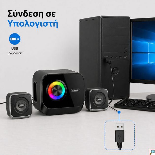 Ηχεία Stereo για PC, Laptop, Projector και Κινητό με RGB Φωτισμό Andowl