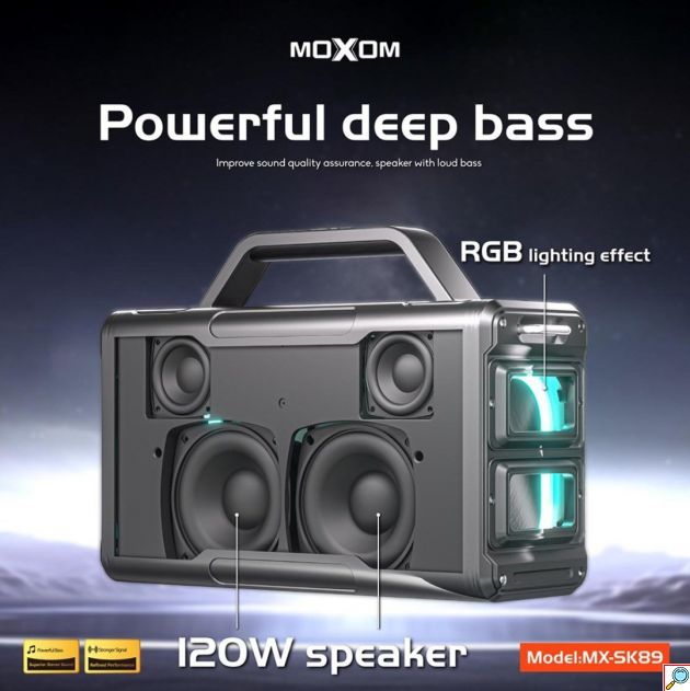 Φορητό Ηχείο Bluetooth Moxom 120W – Με 2 Ασύρματα Μικρόφωνα Karaoke & RGB Φωτισμό - Bluetooth 5.3, Hi-Fi Ήχος, Βαθύ Μπάσο