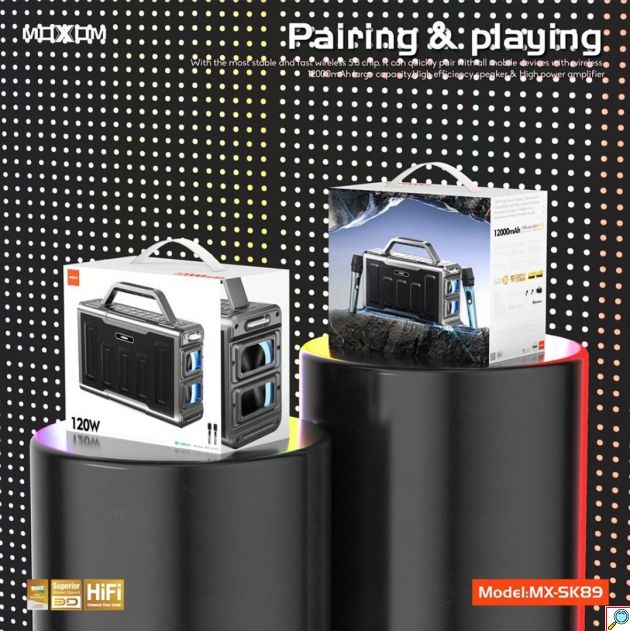 Φορητό Ηχείο Bluetooth Moxom 120W – Με 2 Ασύρματα Μικρόφωνα Karaoke & RGB Φωτισμό - Bluetooth 5.3, Hi-Fi Ήχος, Βαθύ Μπάσο