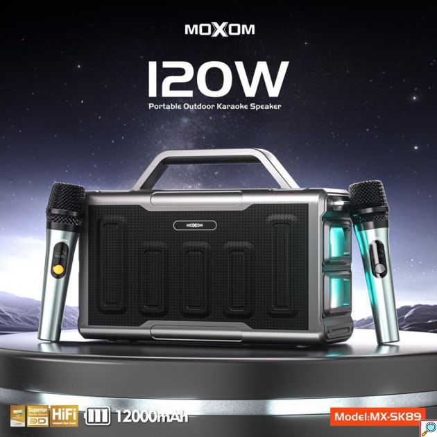Φορητό Ηχείο Bluetooth Moxom 120W – Με 2 Ασύρματα Μικρόφωνα Karaoke & RGB Φωτισμό - Bluetooth 5.3, Hi-Fi Ήχος, Βαθύ Μπάσο