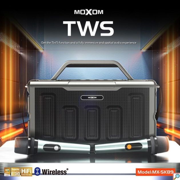 Φορητό Ηχείο Bluetooth Moxom 120W – Με 2 Ασύρματα Μικρόφωνα Karaoke & RGB Φωτισμό - Bluetooth 5.3, Hi-Fi Ήχος, Βαθύ Μπάσο