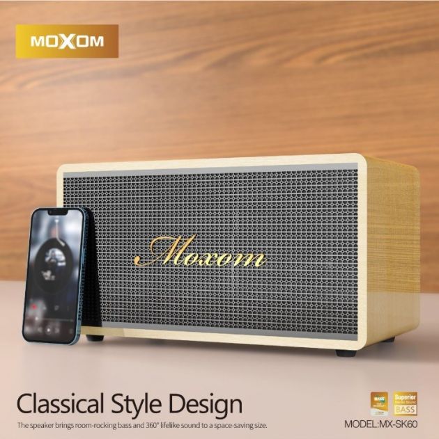 Ασύρματο Ηχείο Bluetooth Moxom 80W – Hi-Fi Στερεοφωνικός Ήχος & Vintage Ξύλινη Όψη - Bluetooth 5.2, Δυνατό Μπάσο, Κομψός Σχεδιασμός