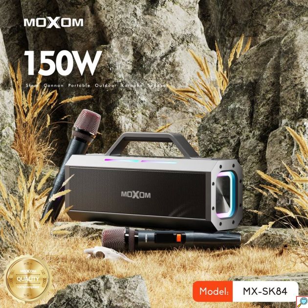 Ασύρματο Ηχείο Karaoke Moxom 150W – Bluetooth 5.3, 2 Μικρόφωνα & RGB Φωτισμός - Φορητό Σύστημα για Πάρτι & Εκδηλώσεις