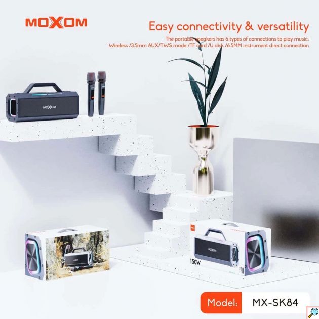 Ασύρματο Ηχείο Karaoke Moxom 150W – Bluetooth 5.3, 2 Μικρόφωνα & RGB Φωτισμός - Φορητό Σύστημα για Πάρτι & Εκδηλώσεις